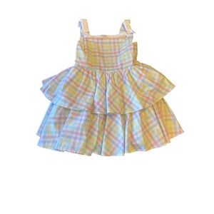Janie & Jack Girls Pastel Plaid Sleeveless Tiered Dress With Bow‎ Straps Size 6